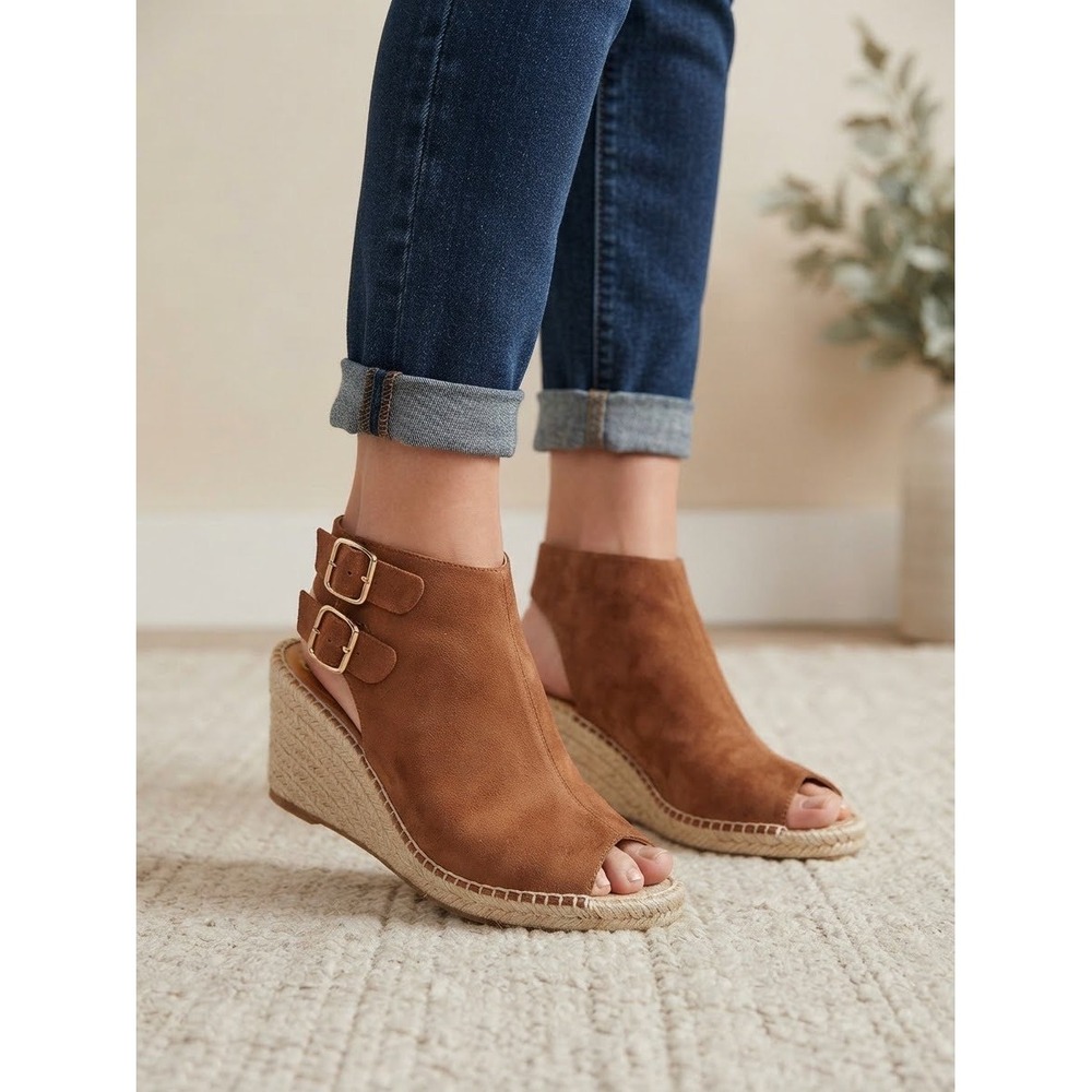 Kanna Brown Leather Espadrille Wedge Sandals Peep Toe Buckle Spain Size 6